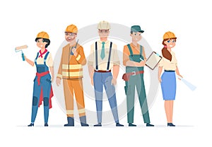 Builders and engineers characters. Construction workers and business peoples, men and women in professional costumes