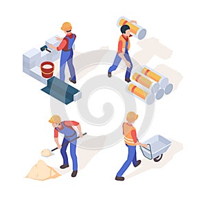 Builders isometric. Construction workers in helmet and professional uniform vector people in action poses