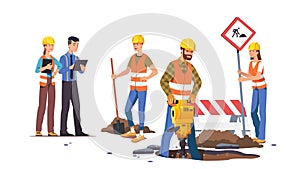 Builders men, women repairing road