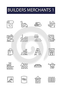 Builders merchants 1 line vector icons and signs. merchants, supplies, construction, materials, tools, cement, bricks