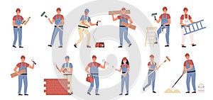 Builders and repair masters flat vector illustrations set. Construction and repair work, constructing and renovation