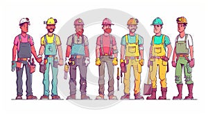 Builders, repair technicians, construction foremen, and tilers, plumbers, painters in uniform with tools, line art flat