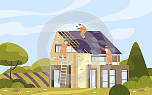 Builders or roofers install the roof tiles, vector photo