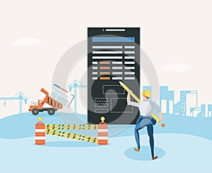 builders and smartphone with webpage under cosntruction photo