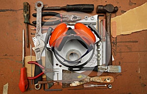 Builders tools, industrial equipment. Garage shed in a lay flat creative arrangement