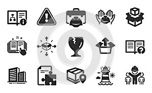 Builders union, Fragile package and Technical algorithm icons set. Vector