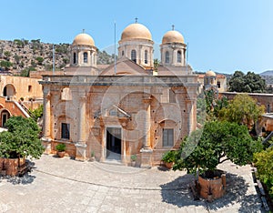 Building of Aghia Triada monastery, located near Chania town, Crete island, Greece