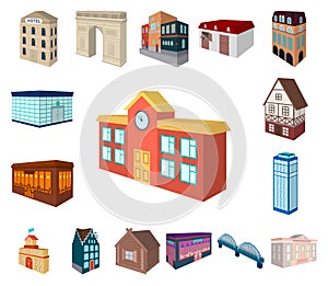 Building and architecture cartoon icons in set collection for design.The building and dwelling vector isometric symbol