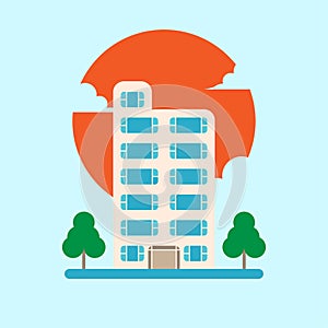 Building architecture cartoon style. Hotel and sun behing flat vector