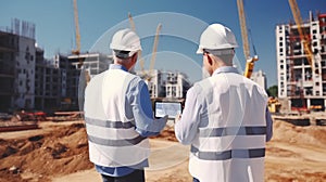 building, architecture, teamwork and people concept - group of builders in hardhats with tablet pc computer at construction site