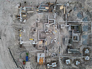 Building architecture under construction. Construction site from top. Structural design engineering. Structure engineering at