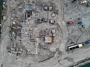 Building architecture under construction. Construction site from top. Structural design engineering. Structure engineering at