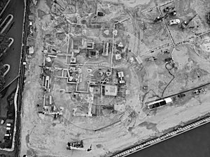 Building architecture under construction. Construction site from top. Structural design engineering. Structure engineering at