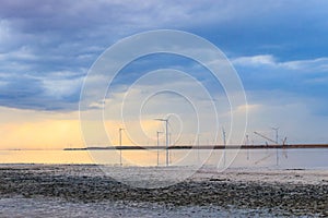 Building and assembling a construction wind turbines farm by crane