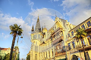 Building with an astronomical clock on the corner of Europe Square.