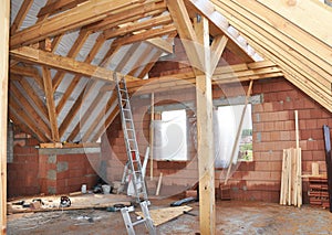 Building Attic Interior. Roofing Construction Indoor.