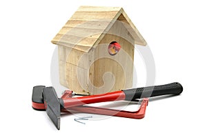 Building bird nesting box with hammer, nails and saw