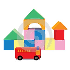 Building blocks with fire truck, creative toy blocks.