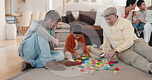 Building blocks, grandparent and a father playing with his son in the home living room for learning during a visit. Kids