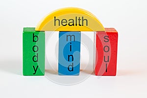 Building blocks in green, blue and red form a column portal with the following terms: body, mind, soul. The columns are connected