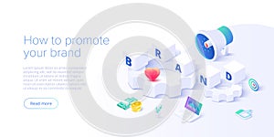 Building brand strategy in isometric vector illustration. Identity marketing and reputation management. Brand persona creation.