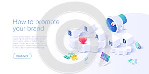 Building brand strategy in isometric vector illustration. Identity marketing and reputation management. Brand persona creation. photo