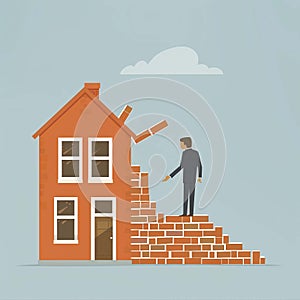 Building a brick wall between the falling dominoes and the house, with a businessman overseeing the construction, demonstrating