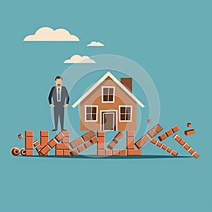 Building a brick wall between the falling dominoes and the house, with a businessman overseeing the construction, demonstrating