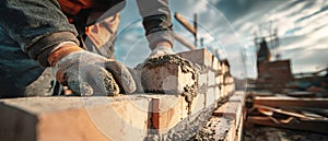 Building a brick wall under the sun with a dedicated worker on a construction site