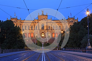 The building called `Maximilianeum` is the seat of the Bavarian State Parliament. Blue hour shot