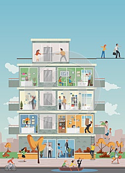 Building with cartoon business people working in office workspace