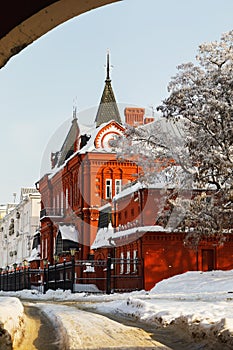 Building of Central Bank of Russian Federation of red brick on a winter day. Russia, city of Oryol
