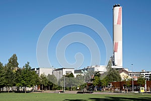 Building and chimney of the Biomass Fluidised Bed Incineration Plant IWB Basel