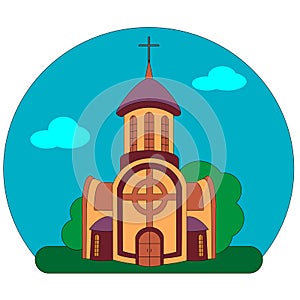 The building of the church or monastery on the background of the landscape of summer blue sky and green grass and trees in the