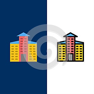 Building, City, Construction  Icons. Flat and Line Filled Icon Set Vector Blue Background