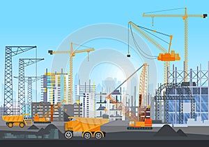 Building city under construction website with tower cranes. Building work process with houses and construction machines
