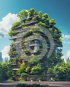 Building cloaked in trees and plants, city life with nature, illustration, frontal view, daylight , 8K resolution