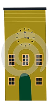 Building with clock. Cute town school. City hall symbol