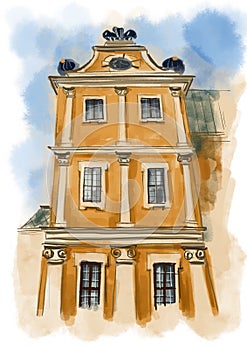 Building with columns, windows and pediment. Classic architectural style. Watercolor digital illustration, sketch