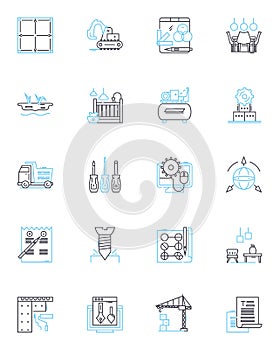 Building compnts linear icons set. Roofing, Flooring, Insulation, Windows, Doors, Ceilings, Walls line vector and