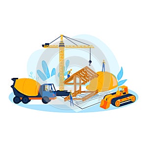 Building construction concept, vector illustration. Flat industry work design, worker builder used industrial equipment