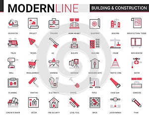 Building construction flat line icons vector illustration set with builders tools and crane equipment, city architecture