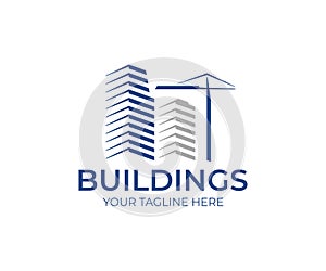 Building construction logo template. Skyscrapers and construction crane vector design