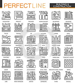 Building and construction outline mini concept symbols. Home repair tools modern stroke linear style illustrations set