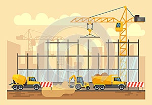 Building construction process, engineering tools, materials and equipment vector flat illustration