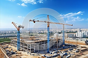 Building construction in progress. construction crane erecting an unfinished tall structure