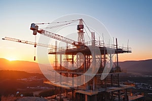 Building construction in progress. construction crane erecting an unfinished tall structure