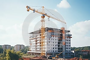 Building construction in progress. construction crane erecting an unfinished tall structure