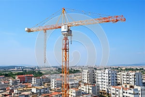 Building construction in progress. construction crane erecting an unfinished tall structure
