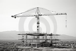 Building construction in progress. construction crane erecting an unfinished tall structure